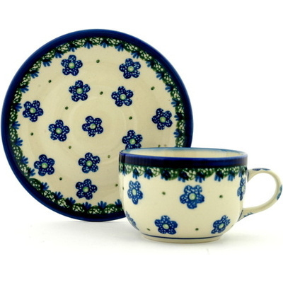 Polish Pottery Cup with Saucer 9 oz Falling Daisies