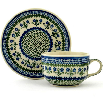 Polish Pottery Cup with Saucer 9 oz Fanciful Daisy