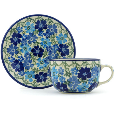 Polish Pottery Cup with Saucer 9 oz Fields Of Blue UNIKAT