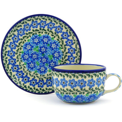 Polish Pottery Cup with Saucer 9 oz Flower Power