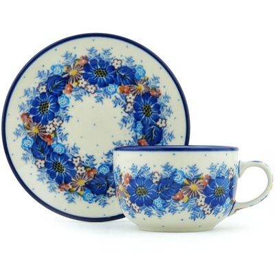 Polish Pottery Cup with Saucer 9 oz Flower Wreath UNIKAT