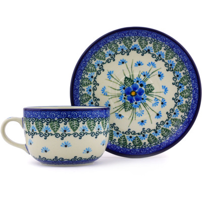 Polish Pottery Cup with Saucer 9 oz Forget Me Not UNIKAT