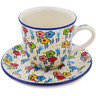 Polish Pottery Cup with Saucer 9 oz Fun Time UNIKAT