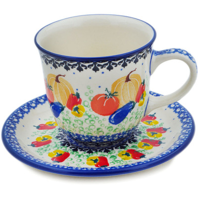 Polish Pottery Cup with Saucer 9 oz Glorious Sequence UNIKAT