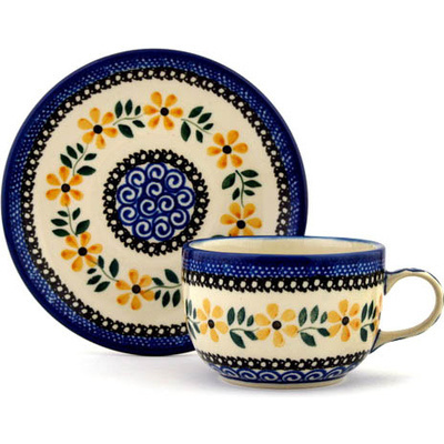 Polish Pottery Cup with Saucer 9 oz Golden Daisy Swirl