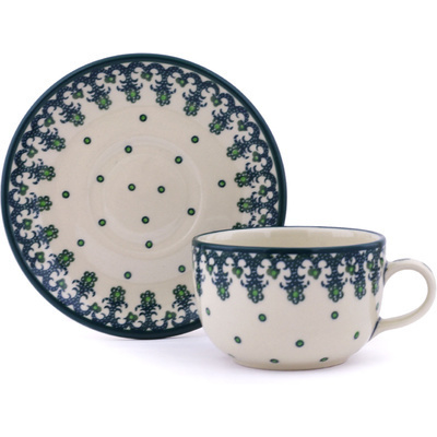 Polish Pottery Cup with Saucer 9 oz Green Dots