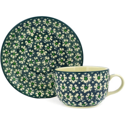Polish Pottery Cup with Saucer 9 oz Green Garlands