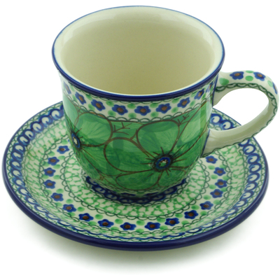 Polish Pottery Cup with Saucer 9 oz Green Pansies UNIKAT