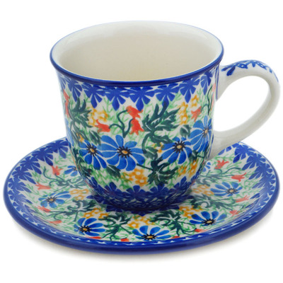 Polish Pottery Cup with Saucer 9 oz Happy Daisy UNIKAT