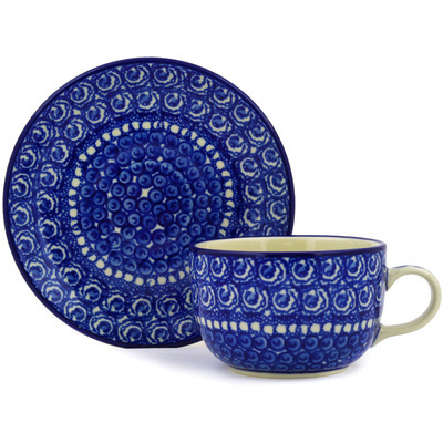 Polish Pottery Cup with Saucer 9 oz High Tide
