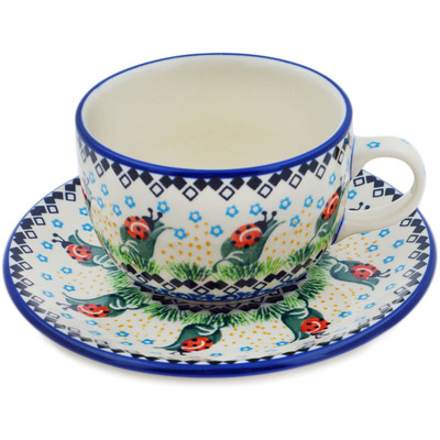 Polish Pottery Cup with Saucer 9 oz Ladybug Leaves