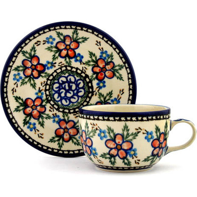 Polish Pottery Cup with Saucer 9 oz Lancaster Rose