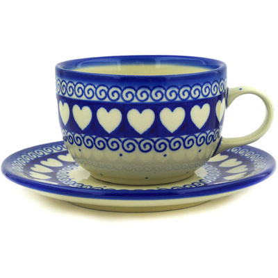 Polish Pottery Cup with Saucer 9 oz Light Hearted