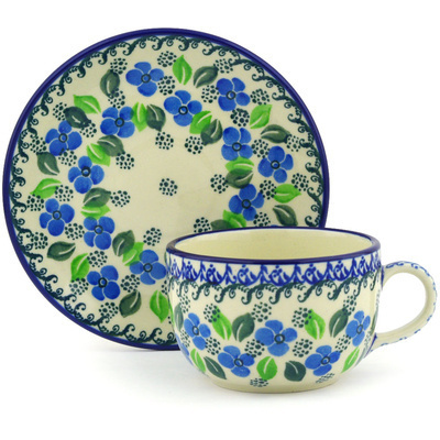 Polish Pottery Cup with Saucer 9 oz Lime Flower