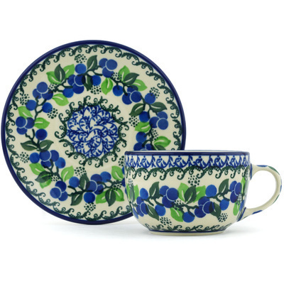 Polish Pottery Cup with Saucer 9 oz Limeberry