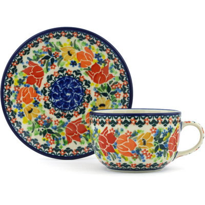 Polish Pottery Cup with Saucer 9 oz Lovely Surprise UNIKAT