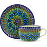 Polish Pottery Cup with Saucer 9 oz Mardi Gra UNIKAT