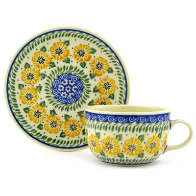 Polish Pottery Cup with Saucer 9 oz Marigold Morning