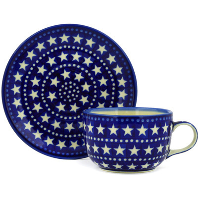 Polish Pottery Cup with Saucer 9 oz Midnight Stars
