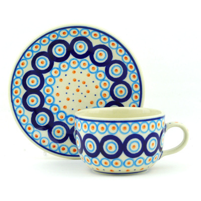Polish Pottery Cup with Saucer 9 oz Modern Peacock