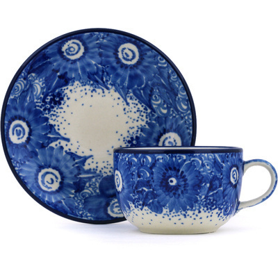 Polish Pottery Cup with Saucer 9 oz Moody Blue UNIKAT