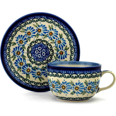 Polish Pottery Cup with Saucer 9 oz Morning Daisy