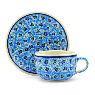 Polish Pottery Cup with Saucer 9 oz Ocean Breeze