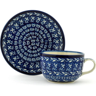 Polish Pottery Cup with Saucer 9 oz Ocean Waves