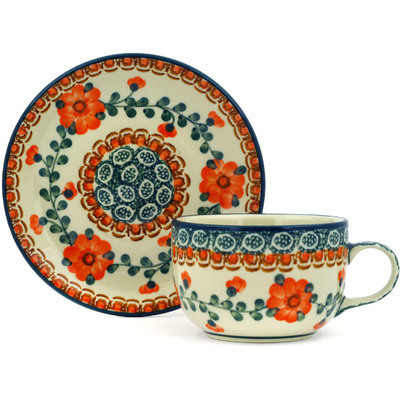 Polish Pottery Cup with Saucer 9 oz Orange Poppies