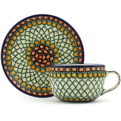 Polish Pottery Cup with Saucer 9 oz Orange Tranquility UNIKAT