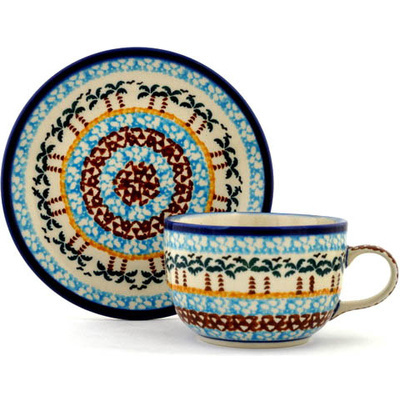 Polish Pottery Cup with Saucer 9 oz Palm Tree Paradise