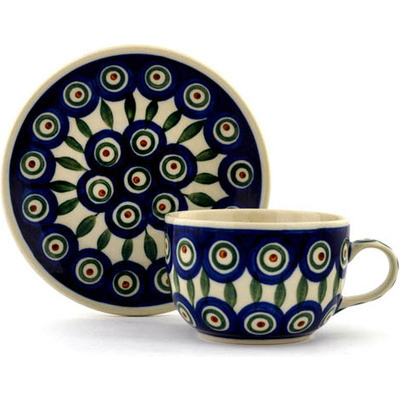 Polish Pottery Cup with Saucer 9 oz Peacock Leaves