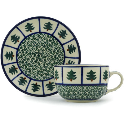 Polish Pottery Cup with Saucer 9 oz Perky Pine