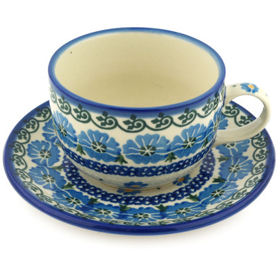 Polish Pottery Cup with Saucer 9 oz Poppy Circle