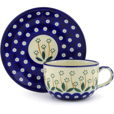 Polish Pottery Cup with Saucer 9 oz Pushing Daisy Peacock