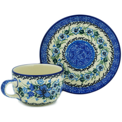 Polish Pottery Cup with Saucer 9 oz Rhapsody In Blue UNIKAT