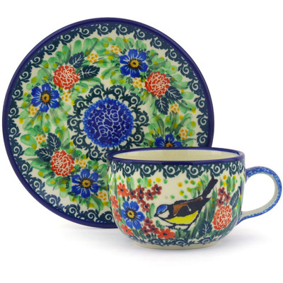 Polish Pottery Cup with Saucer 9 oz Robbin&#039;s Meadow UNIKAT