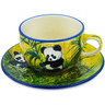 Polish Pottery Cup with Saucer 9 oz Rooster In Wood UNIKAT