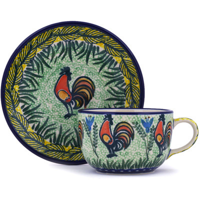 Polish Pottery Cup with Saucer 9 oz Rooster Parade UNIKAT
