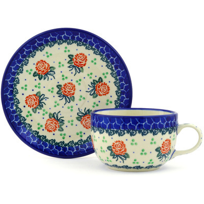 Polish Pottery Cup with Saucer 9 oz Rose Field