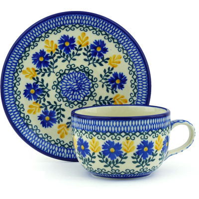 Polish Pottery Cup with Saucer 9 oz Royal Daisy