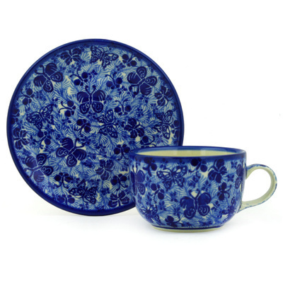 Polish Pottery Cup with Saucer 9 oz Sapphire Butterfly