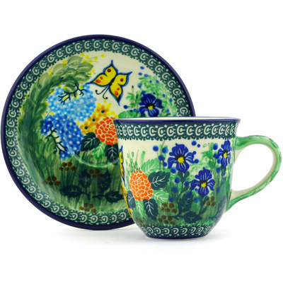 Polish Pottery Cup with Saucer 9 oz Spring Garden UNIKAT
