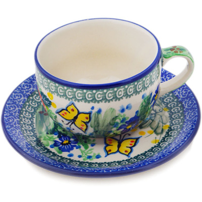 Polish Pottery Cup with Saucer 9 oz Spring Garden UNIKAT