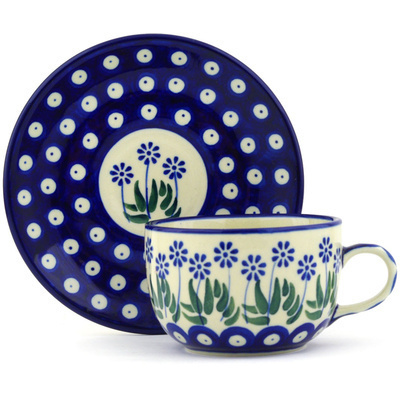 Polish Pottery Cup with Saucer 9 oz Springing Calendulas