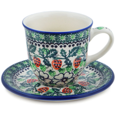 Polish Pottery Cup with Saucer 9 oz Strawberries And Cream UNIKAT