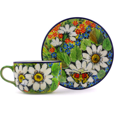 Polish Pottery Cup with Saucer 9 oz Summer Daisy UNIKAT