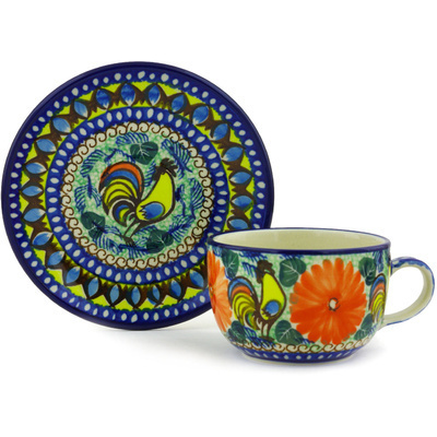 Polish Pottery Cup with Saucer 9 oz Summer Rooster UNIKAT