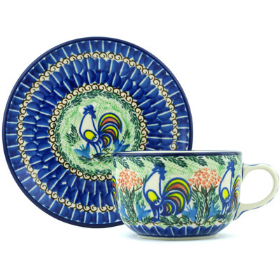 Polish Pottery Cup with Saucer 9 oz Summer Rooster UNIKAT