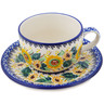Polish Pottery Cup with Saucer 9 oz Sunflowers At Sunset UNIKAT